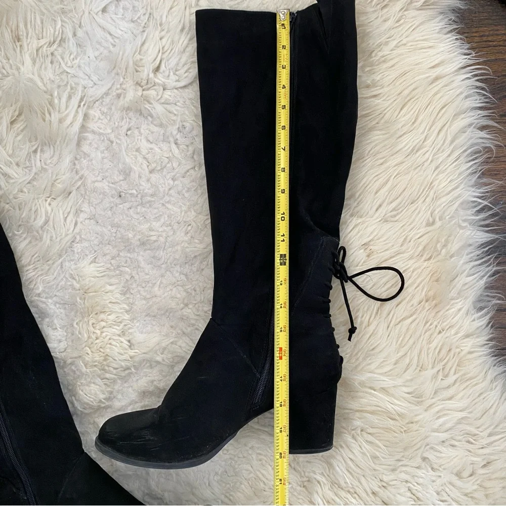 Black Suede Knee‑High Block Heel Boots | Size 11